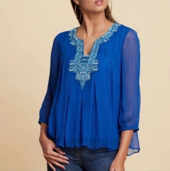 Soft Surroundings Royal Blue Beaded Embroidered Layered Blouse Size Small - Picture 6 of 6